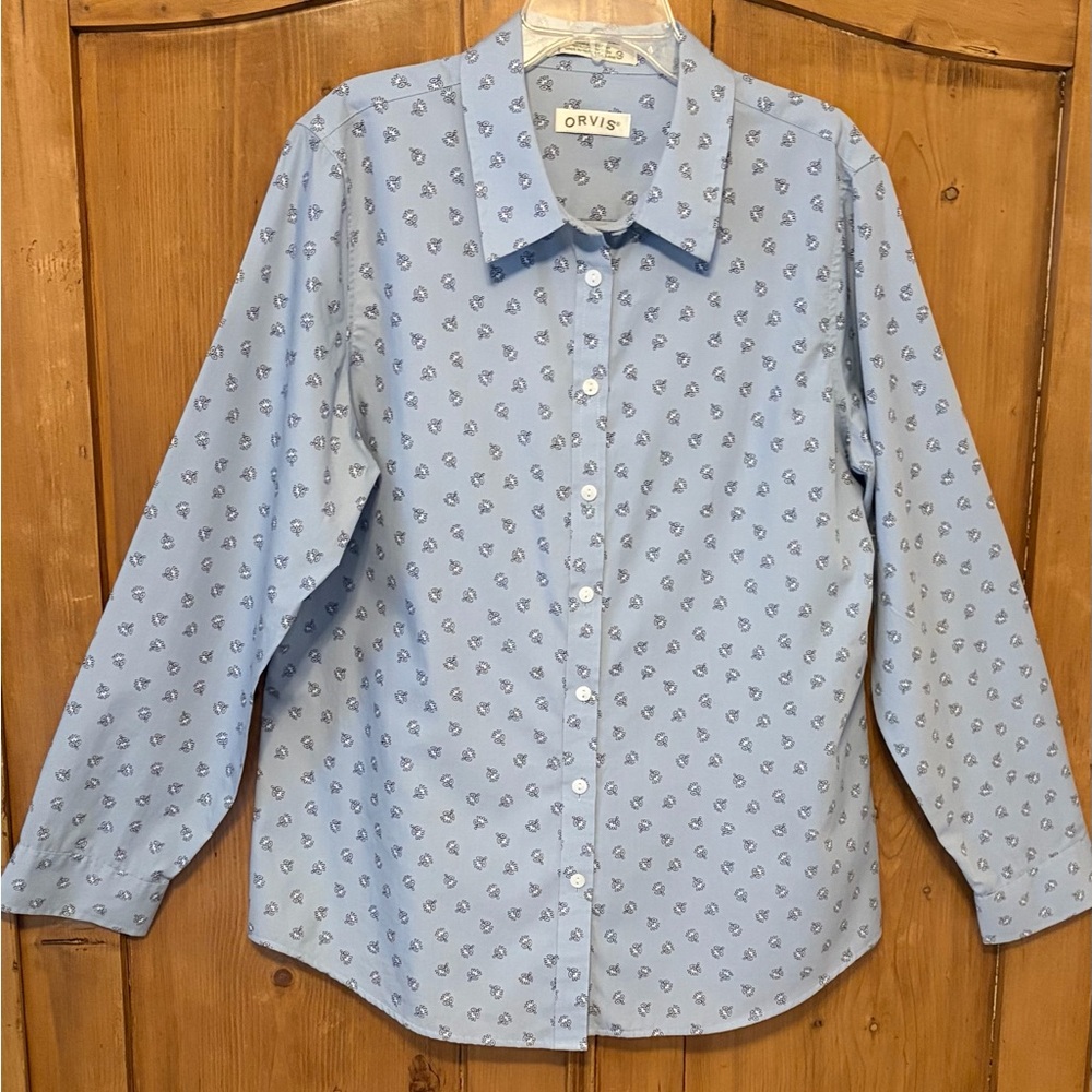 Orvis Light Blue Wrinkle Free Floral Print Long Sleeve Blouse Womens Sz 14